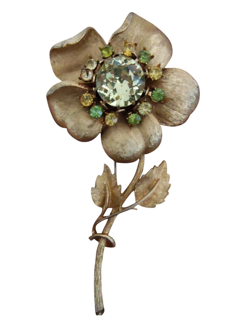 Vintage Signed Coro Gold Tone Flower Brooch with Green Rhinestones